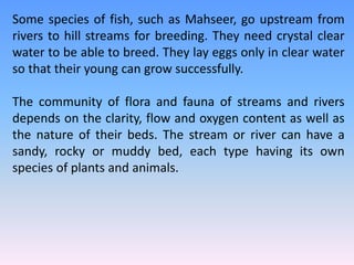 Some species of fish, such as Mahseer, go upstream from
rivers to hill streams for breeding. They need crystal clear
water to be able to breed. They lay eggs only in clear water
so that their young can grow successfully.
The community of flora and fauna of streams and rivers
depends on the clarity, flow and oxygen content as well as
the nature of their beds. The stream or river can have a
sandy, rocky or muddy bed, each type having its own
species of plants and animals.
 