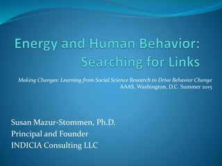 Susan Mazur-Stommen, Ph.D.
Principal and Founder
INDICIA Consulting LLC
Making Changes: Learning from Social Science Research to Drive Behavior Change
AAAS, Washington, D.C. Summer 2015
 