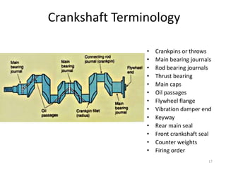 17
Crankshaft Terminology
• Crankpins or throws
• Main bearing journals
• Rod bearing journals
• Thrust bearing
• Main caps
• Oil passages
• Flywheel flange
• Vibration damper end
• Keyway
• Rear main seal
• Front crankshaft seal
• Counter weights
• Firing order
 