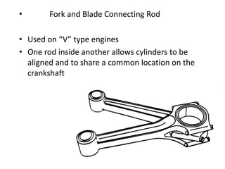 • Fork and Blade Connecting Rod
• Used on “V” type engines
• One rod inside another allows cylinders to be
aligned and to share a common location on the
crankshaft
 