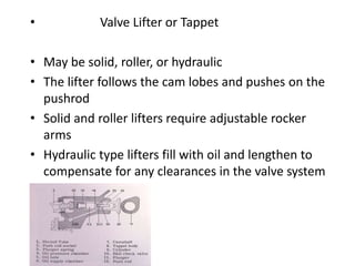 • Valve Lifter or Tappet
• May be solid, roller, or hydraulic
• The lifter follows the cam lobes and pushes on the
pushrod
• Solid and roller lifters require adjustable rocker
arms
• Hydraulic type lifters fill with oil and lengthen to
compensate for any clearances in the valve system
 