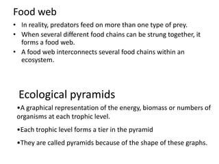 Food web
• In reality, predators feed on more than one type of prey.
• When several different food chains can be strung together, it
forms a food web.
• A food web interconnects several food chains within an
ecosystem.

Ecological pyramids
•A graphical representation of the energy, biomass or numbers of
organisms at each trophic level.
•Each trophic level forms a tier in the pyramid
•They are called pyramids because of the shape of these graphs.

 