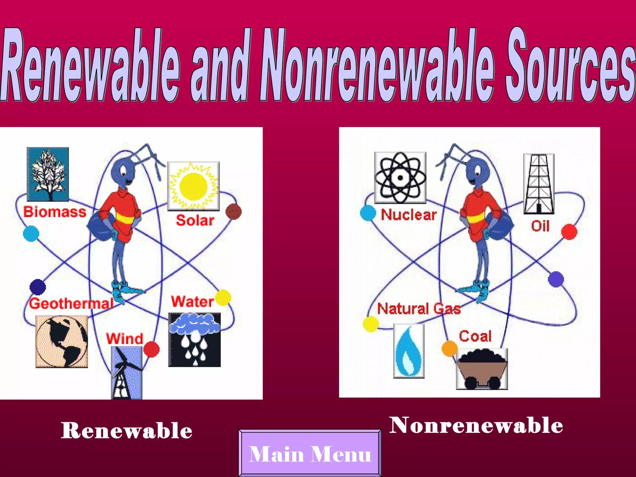 Renewable and Nonrenewable Sources Renewable Nonrenewable Main Menu 