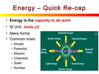 12
Energy – Quick Re-cap
• Energy is the capacity to do work
• SI Unit: Joule (J)
• Many forms
• Common ones:
– Kinetic
– Potential
– Electric
– Chemical
– Solar
– Nuclear
 