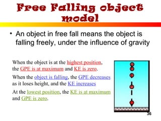 36
Free Falling object
model
• An object in free fall means the object is
falling freely, under the influence of gravity
When the object is at the highest position,
the GPE is at maximum and KE is zero.
When the object is falling, the GPE decreases
as it loses height, and the KE increases
At the lowest position, the KE is at maximum
and GPE is zero.
 