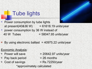 Tube lights
 Power consumption by tube lights
at present(40&36 W) = 61618.19 units/year
 power consumption by 36 W instead of
40 W Tubes = 58047.95 units/year
By using electronic ballast = 40975.22 units/year
Economic Analysis:
Power will save = 20642.97 units/year
Pay back period = 26 months
Cost of savings = Rs.72250/year
*approximately calculated
 