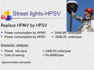 Street lights-HPSV
Replace HPMV by HPSV
 Power consumption by HPMV = 5246.88 units/year
 Power consumption by HPSV = 2938.25 units/year
Economic analysis:
Power will save = 2308.63 units/year
Cost of saving = Rs.8080/year
*approximately calculated
 