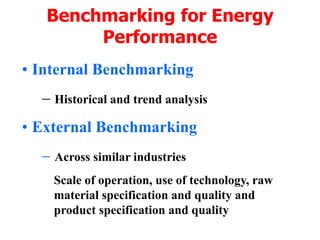 Benchmarking for Energy
Performance
• Internal Benchmarking
 Historical and trend analysis
• External Benchmarking
 Across similar industries
Scale of operation, use of technology, raw
material specification and quality and
product specification and quality
 