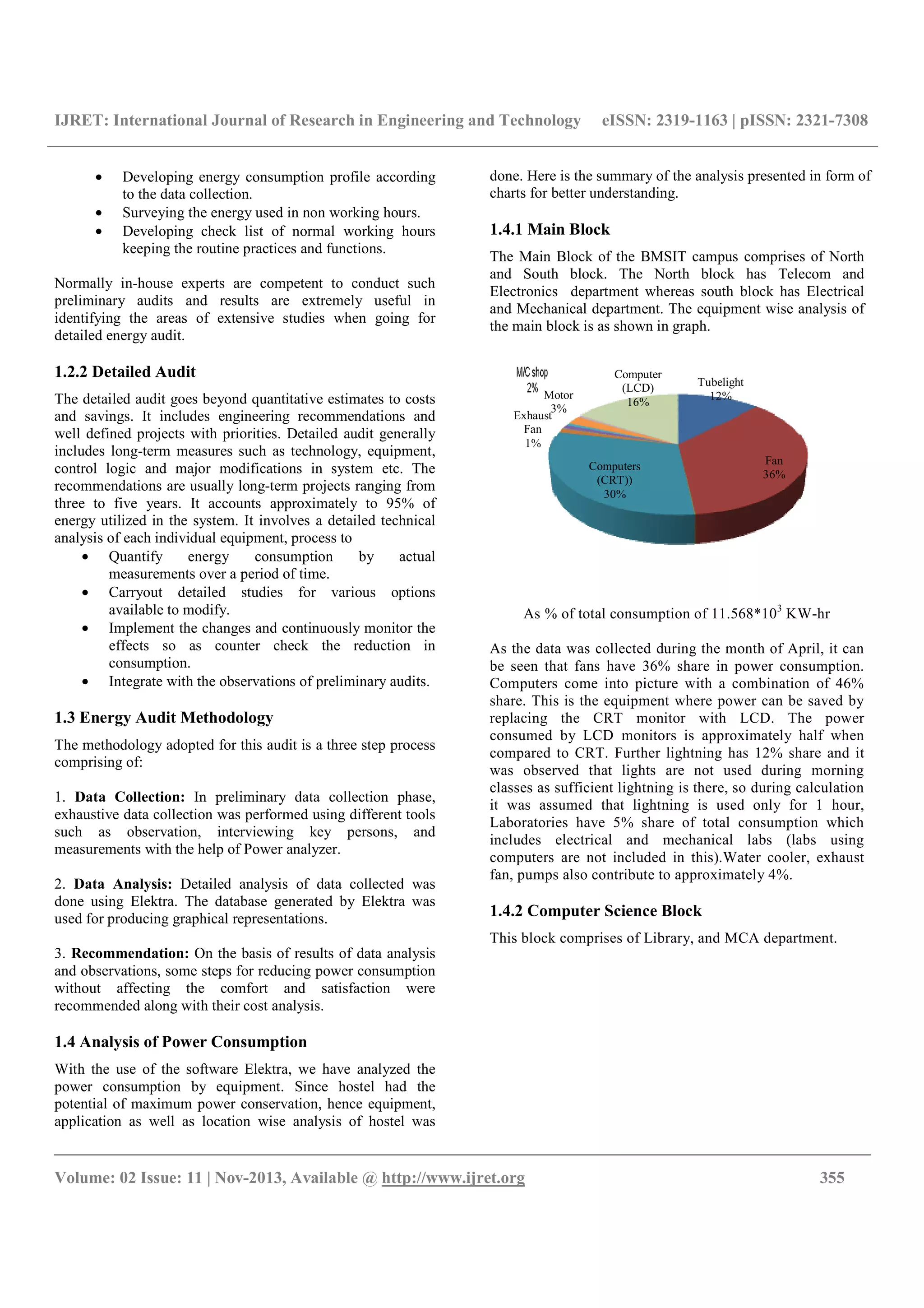 IJRET: International Journal of Research in Engineering and Technology eISSN: 2319-1163 | pISSN: 2321-7308
__________________________________________________________________________________________
Volume: 02 Issue: 11 | Nov-2013, Available @ http://www.ijret.org 355
• Developing energy consumption profile according
to the data collection.
• Surveying the energy used in non working hours.
• Developing check list of normal working hours
keeping the routine practices and functions.
Normally in-house experts are competent to conduct such
preliminary audits and results are extremely useful in
identifying the areas of extensive studies when going for
detailed energy audit.
1.2.2 Detailed Audit
The detailed audit goes beyond quantitative estimates to costs
and savings. It includes engineering recommendations and
well defined projects with priorities. Detailed audit generally
includes long-term measures such as technology, equipment,
control logic and major modifications in system etc. The
recommendations are usually long-term projects ranging from
three to five years. It accounts approximately to 95% of
energy utilized in the system. It involves a detailed technical
analysis of each individual equipment, process to
• Quantify energy consumption by actual
measurements over a period of time.
• Carryout detailed studies for various options
available to modify.
• Implement the changes and continuously monitor the
effects so as counter check the reduction in
consumption.
• Integrate with the observations of preliminary audits.
1.3 Energy Audit Methodology
The methodology adopted for this audit is a three step process
comprising of:
1. Data Collection: In preliminary data collection phase,
exhaustive data collection was performed using different tools
such as observation, interviewing key persons, and
measurements with the help of Power analyzer.
2. Data Analysis: Detailed analysis of data collected was
done using Elektra. The database generated by Elektra was
used for producing graphical representations.
3. Recommendation: On the basis of results of data analysis
and observations, some steps for reducing power consumption
without affecting the comfort and satisfaction were
recommended along with their cost analysis.
1.4 Analysis of Power Consumption
With the use of the software Elektra, we have analyzed the
power consumption by equipment. Since hostel had the
potential of maximum power conservation, hence equipment,
application as well as location wise analysis of hostel was
done. Here is the summary of the analysis presented in form of
charts for better understanding.
1.4.1 Main Block
The Main Block of the BMSIT campus comprises of North
and South block. The North block has Telecom and
Electronics department whereas south block has Electrical
and Mechanical department. The equipment wise analysis of
the main block is as shown in graph.
Tubelight
12%
Fan
36%
Computers
(CRT))
30%
Exhaust
Fan
1%
Motor
3%
Computer
(LCD)
16%
As % of total consumption of 11.568*103
KW-hr
As the data was collected during the month of April, it can
be seen that fans have 36% share in power consumption.
Computers come into picture with a combination of 46%
share. This is the equipment where power can be saved by
replacing the CRT monitor with LCD. The power
consumed by LCD monitors is approximately half when
compared to CRT. Further lightning has 12% share and it
was observed that lights are not used during morning
classes as sufficient lightning is there, so during calculation
it was assumed that lightning is used only for 1 hour,
Laboratories have 5% share of total consumption which
includes electrical and mechanical labs (labs using
computers are not included in this).Water cooler, exhaust
fan, pumps also contribute to approximately 4%.
1.4.2 Computer Science Block
This block comprises of Library, and MCA department.
 