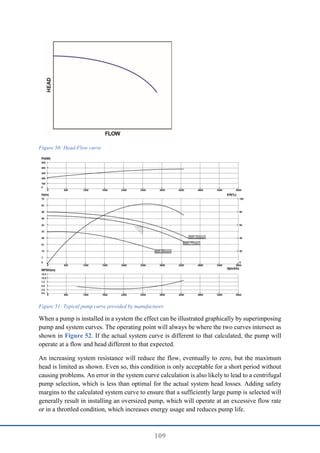 109
Figure 50: Head-Flow curve
Figure 51: Typical pump curve provided by manufacturer
When a pump is installed in a system the effect can be illustrated graphically by superimposing
pump and system curves. The operating point will always be where the two curves intersect as
shown in Figure 52. If the actual system curve is different to that calculated, the pump will
operate at a flow and head different to that expected.
An increasing system resistance will reduce the flow, eventually to zero, but the maximum
head is limited as shown. Even so, this condition is only acceptable for a short period without
causing problems. An error in the system curve calculation is also likely to lead to a centrifugal
pump selection, which is less than optimal for the actual system head losses. Adding safety
margins to the calculated system curve to ensure that a sufficiently large pump is selected will
generally result in installing an oversized pump, which will operate at an excessive flow rate
or in a throttled condition, which increases energy usage and reduces pump life.
 