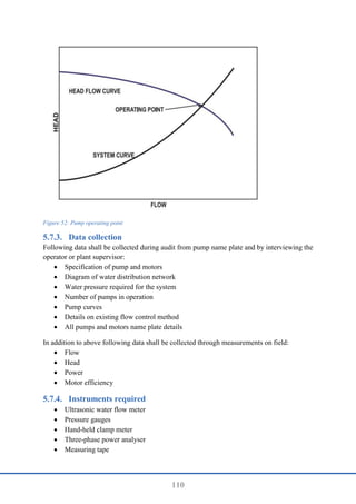 110
Figure 52: Pump operating point
Data collection
Following data shall be collected during audit from pump name plate and by interviewing the
operator or plant supervisor:
 Specification of pump and motors
 Diagram of water distribution network
 Water pressure required for the system
 Number of pumps in operation
 Pump curves
 Details on existing flow control method
 All pumps and motors name plate details
In addition to above following data shall be collected through measurements on field:
 Flow
 Head
 Power
 Motor efficiency
Instruments required
 Ultrasonic water flow meter
 Pressure gauges
 Hand-held clamp meter
 Three-phase power analyser
 Measuring tape
 