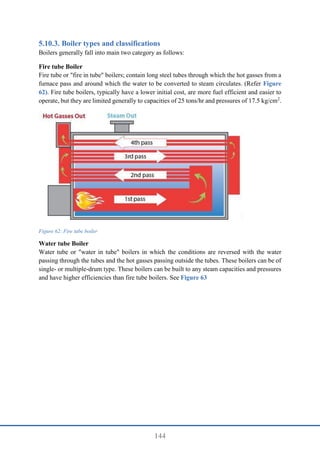 144
Boiler types and classifications
Boilers generally fall into main two category as follows:
Fire tube Boiler
Fire tube or "fire in tube" boilers; contain long steel tubes through which the hot gasses from a
furnace pass and around which the water to be converted to steam circulates. (Refer Figure
62). Fire tube boilers, typically have a lower initial cost, are more fuel efficient and easier to
operate, but they are limited generally to capacities of 25 tons/hr and pressures of 17.5 kg/cm2
.
Figure 62: Fire tube boiler
Water tube Boiler
Water tube or "water in tube" boilers in which the conditions are reversed with the water
passing through the tubes and the hot gasses passing outside the tubes. These boilers can be of
single- or multiple-drum type. These boilers can be built to any steam capacities and pressures
and have higher efficiencies than fire tube boilers. See Figure 63
 