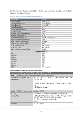 156
The following are the data collected for a boiler using coal as the fuel. Find out the boiler
efficiency by indirect method.
Table 31: Measured and collected parameter from a plant
Parameter Values
Fuel firing rate 5600 kg/hr
Steam generation rate 21940 kg/hr
Steam pressure 43 kg/cm2
Steam temperature 377°C
Feed water temperature 96°C
%O2 in flue gas 2.75%
Average flue gas temperature 190°C
Ambient temperature 31°C
Humidity in ambient air 0.0204 kg/kg dry air
Surface temperature of boiler 70°C
Wind velocity around boiler 3.5 m/s
Total surface area of boiler 90 m2
GCV of bottom ash 800 kcal/kg
GCV of fly ash 450 kcal/kg
Ratio of bottom ash to fly ash 90:10
Fuel analysis in %
Ash 48%
Moisture 4.4%
Carbon 36%
Hydrogen 2.6%
Nitrogen 1.1%
Oxygen 7.3%
Sulphur 0.6
GCV 3501 kcal/kg
Solution: Boiler efficiency by indirect method
Steps for calculating Boiler efficiency by indirect method
Step-1 Find theoretical air requirement for complete combustion
Theoretical air required for
combustion
[(11.6 X C) + {34.8 X (H2 – O2/8)} + (4.35 X S)] / 100
kg/kg of fuel
= [(11.6 X 36) + {34.8 X (2.6 – 7.3/8)} + (4.35 X 0.6)] /
100
= 4.79 kg/kg of coal
Step-2 Find CO2% at theoretical condition, (CO2) t
(CO2) t =Moles of C/ (Moles N2+Moles of C+ Moles of S)
Moles of N2 = (Weight of N2 in theoretical air/ Mol. Weight of N2) +
(Weight of N2 in fuel / Mol Weight of N2)
= (4.79× (77/100)/28) +(0.011/28)
=0.1321
Moles of C = 0.36/12= 0.03
 