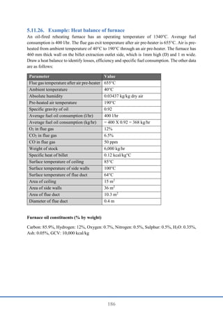 186
Example: Heat balance of furnace
An oil-fired reheating furnace has an operating temperature of 1340°C. Average fuel
consumption is 400 l/hr. The flue gas exit temperature after air pre-heater is 655°C. Air is pre-
heated from ambient temperature of 40°C to 190°C through an air pre-heater. The furnace has
460 mm thick wall on the billet extraction outlet side, which is 1mm high (D) and 1 m wide.
Draw a heat balance to identify losses, efficiency and specific fuel consumption. The other data
are as follows:
Parameter Value
Flue gas temperature after air pre-heater 655°C
Ambient temperature 40°C
Absolute humidity 0.03437 kg/kg dry air
Pre-heated air temperature 190°C
Specific gravity of oil 0.92
Average fuel oil consumption (l/hr) 400 l/hr
Average fuel oil consumption (kg/hr) = 400 X 0.92 = 368 kg/hr
O2 in flue gas 12%
CO2 in flue gas 6.5%
CO in flue gas 50 ppm
Weight of stock 6,000 kg/hr
Specific heat of billet 0.12 kcal/kg°C
Surface temperature of ceiling 85°C
Surface temperature of side walls 100°C
Surface temperature of flue duct 64°C
Area of ceiling 15 m2
Area of side walls 36 m2
Area of flue duct 10.3 m2
Diameter of flue duct 0.4 m
Furnace oil constituents (% by weight)
Carbon: 85.9%, Hydrogen: 12%, Oxygen: 0.7%, Nitrogen: 0.5%, Sulphur: 0.5%, H2O: 0.35%,
Ash: 0.05%, GCV: 10,000 kcal/kg
 