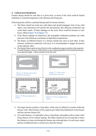 196
4. Uniform heat distribution
Furnace design should be such that in a given time, as much of the stock could be heated
uniformly to a desired temperature with minimum fuel firing rate.
Following points shall be examined during audit for furnace burners:
 The flame should not touch any solid object and should propagate clear of any solid
object. Any obstruction will atomise the fuel particles thus affecting combustion and
create black smoke. If flame impinges on the stock, there would be increase in scale
losses. (Refer Figure 74 to Figure 77)
 If the flames impinge on refractories, the incomplete combustion products can settle
and react with refractory constituents at high flame temperatures.
 The flames of different burners in a furnace should stay clear of each other. If they
intersect, inefficient combustion will occur. It is recommended to stagger the burners
on the opposite sides.
 The burner flame tends to travel freely in the combustion space just above the material.
In small furnaces, the axis of the burner is never placed parallel to the hearth but always
at an upward angle. Flame should not hit the roof.
 The larger burners produce a long flame, which may be difficult to contain within the
furnace walls. More burners of less capacity give better heat distribution in the furnace
and also increase furnace life.
 For small furnaces, it is desirable to have a long flame with golden yellow colour while
firing furnace oil for uniform heating. The flame should not be too long that it enters
the chimney or comes out through the furnace top or through doors. In such cases, major
portion of additional fuel is carried away from the furnace.
Figure 74: Wrong Correct heat
distribution in furnace
Figure 75: Correct heat
distribution in furnace
Figure 76: Wrong alignment of
burners
Figure 77: Correct alignment of
burners
 