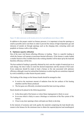 198
Figure 78: Effect of pressure on the location of zero level and infiltration of air (Source: BEE)
In addition to the proper control on furnace pressure, it is important to keep the openings as
small as possible and to seal them in order to prevent the release of high temperature gas and
intrusion of outside air through openings such as the charging inlet, extracting outlet and
peephole on furnace walls or the ceiling.
8. Optimum capacity utilisation
One of the most vital factors affecting efficiency is loading. There is a specific loading at
which the furnace will operate at maximum thermal efficiency. If the furnace is under loaded
a smaller fraction of the available heat in the working chamber will be taken up by the load and
therefore efficiency will be low.
The best method of loading is generally obtained by trial; note the weight of material put in at
each charge, the time it takes to reach the desired temperature and the amount of fuel used.
Every endeavour should be made to load a furnace at the rate associated with optimum
efficiency although it must be realised that limitations to achieving this are sometimes imposed
by work availability or other factors beyond control.
The loading of the charge on the furnace hearth should be arranged so that
 It receives the maximum amount of radiation from the hot surfaces of the heating
chambers and the flames produced.
 The hot gases are efficiently circulated around the heat receiving surfaces
Stock should not be placed in the following position
 In the direct path of the burners or where flame impingement is likely to occur
 In an area which is likely to cause a blockage or restriction of the flue system of the
furnace.
 Close to any door openings where cold spots are likely to develop.
In the interests of economy and work quality the materials comprising the load should only
remain in the furnace for the minimum time to obtain the required physical and metallurgical
 