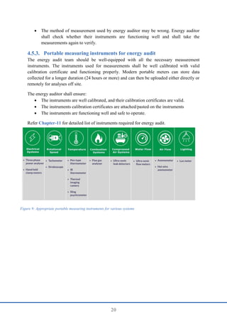 20
 The method of measurement used by energy auditor may be wrong. Energy auditor
shall check whether their instruments are functioning well and shall take the
measurements again to verify.
Portable measuring instruments for energy audit
The energy audit team should be well-equipped with all the necessary measurement
instruments. The instruments used for measurements shall be well calibrated with valid
calibration certificate and functioning properly. Modern portable meters can store data
collected for a longer duration (24 hours or more) and can then be uploaded either directly or
remotely for analyses off site.
The energy auditor shall ensure:
 The instruments are well calibrated, and their calibration certificates are valid.
 The instruments calibration certificates are attached/pasted on the instruments
 The instruments are functioning well and safe to operate.
Refer Chapter-11 for detailed list of instruments required for energy audit.
Figure 9: Appropriate portable measuring instruments for various systems
 