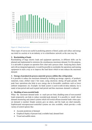 24
Figure 11: Hourly load curve
These types of curves are useful in predicting patterns of drawl, peaks and valleys and energy
use trend in a section or in an industry or in a distribution network as the case may be.
2. Rescheduling of loads
Rescheduling of large electric loads and equipment operations, in different shifts can be
planned and implemented to minimize the simultaneous maximum demand. For this purpose,
it is advisable to prepare an operation flow chart and a process chart. Analysing these charts
and with an integrated approach, it would be possible to reschedule the operations and running
equipment in such a way as to improve the load factor which in turn reduces the maximum
demand.
3. Storage of products/in process material/ process utilities like refrigeration
It is possible to reduce the maximum demand by building up storage capacity of products/
materials, water, chilled water I hot water, using electricity during off peak periods. Off
peak hour operations also help to save energy due to favourable conditions such as lower
ambient temperature etc. Example: Ice bank system is used in milk & dairy industry. Ice is
made in lean period and used in peak load period and thus maximum demand is reduced.
4. Shedding of non-essential loads
When the maximum demand tends to reach pre-set limit, shedding some of non-essential
loads temporarily can help to reduce recorded peak demand. It is possible to install direct
demand monitoring and control systems which will switch off non-essential loads when a pre-
set demand is reached. Simple systems give an alarm, and the loads are shed manually.
Sophisticated microprocessor-controlled systems are also available, which provide a wide
variety of control options like:
 Accurate prediction of demand
 Graphical display of present load, available load, demand limit
 Visual and audible alarm
0
50
100
150
200
250
300
350
400
450
500
9:00
AM
10:00
AM
11:00
AM
12:00
PM
1:00
PM
2:00
PM
3:00
PM
4:00
PM
5:00
PM
6:00
PM
7:00
PM
8:00
PM
9:00
PM
10:00
PM
11:00
PM
12:00
AM
1:00
AM
2:00
AM
3:00
AM
4:00
AM
5:00
AM
6:00
AM
7:00
AM
8:00
AM
Maximum Demand (kVA)
 
