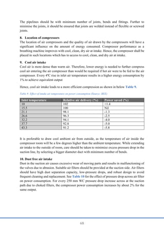 68
The pipelines should be with minimum number of joints, bends and fittings. Further to
minimise the joints, it should be ensured that joints are welded instead of flexible or screwed
joints.
8. Location of compressors
The location of air compressors and the quality of air drawn by the compressors will have a
significant influence on the amount of energy consumed. Compressor performance as a
breathing machine improves with cool, clean, dry air at intake. Hence, the compressor shall be
placed in such locations which has to access to cool, clean, and dry air at intake.
9. Cool air intake
Cool air is more dense than warm air. Therefore, lower energy is needed to further compress
cool air entering the air compressor than would be required if hot air were to be fed to the air
compressor. Every 4ºC rise in inlet air temperature results in a higher energy consumption by
1% to achieve equivalent output
Hence, cool air intake leads to a more efficient compression as shown in below Table 9.
Table 9: Effect of intake air temperature on power consumption (Source: BEE)
Inlet temperature Relative air delivery (%) Power saved (%)
10 102 +1.4
15.5 100 Nil
21.1 98.1 -1.3
26.6 96.3 -2.5
32.2 94.1 -4.0
37.7 92.8 -5.0
43.3 91.2 -5.8
It is preferable to draw cool ambient air from outside, as the temperature of air inside the
compressor room will be a few degrees higher than the ambient temperature. While extending
air intake to the outside of room, care should be taken to minimize excess pressure drop in the
suction line, by selecting a bigger diameter duct with minimum number of bends.
10. Dust free air intake
Dust in the suction air causes excessive wear of moving parts and results in malfunctioning of
the valves due to abrasion. Suitable air filters should be provided at the suction side. Air filters
should have high dust separation capacity, low-pressure drops, and robust design to avoid
frequent cleaning and replacement. See Table 10 for the effect of pressure drop across air filter
on power consumption. For every 250 mm WC pressure drop increase across at the suction
path due to choked filters, the compressor power consumption increases by about 2% for the
same output.
 