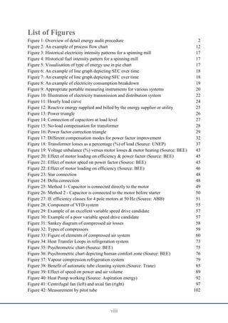 viii
List of Figures
Figure 1: Overview of detail energy audit procedure 2
Figure 2: An example of process flow chart 12
Figure 3: Historical electricity intensity patterns for a spinning mill 17
Figure 4: Historical fuel intensity pattern for a spinning mill 17
Figure 5: Visualisation of type of energy use in pie chart 17
Figure 6: An example of line graph depicting SEC over time 18
Figure 7: An example of line graph depicting SFC over time 18
Figure 8: An example of electricity consumption breakdown 19
Figure 9: Appropriate portable measuring instruments for various systems 20
Figure 10: Illustration of electricity transmission and distribution system 22
Figure 11: Hourly load curve 24
Figure 12: Reactive energy supplied and billed by the energy supplier or utility 25
Figure 13: Power triangle 26
Figure 14: Connection of capacitors at load level 27
Figure 15: No-load compensation for transformer 28
Figure 16: Power factor correction triangle 29
Figure 17: Different compensation modes for power factor improvement 32
Figure 18: Transformer losses as a percentage (%) of load (Source: UNEP) 37
Figure 19: Voltage unbalance (%) versus motor losses & motor heating (Source: BEE) 43
Figure 20: Effect of motor loading on efficiency & power factor (Source: BEE) 45
Figure 21: Effect of motor speed on power factor (Source: BEE) 45
Figure 22: Effect of motor loading on efficiency (Source: BEE) 46
Figure 23: Star connection 48
Figure 24: Delta connection 48
Figure 25: Method 1- Capacitor is connected directly to the motor 49
Figure 26: Method 2 - Capacitor is connected to the motor before starter 50
Figure 27: IE efficiency classes for 4 pole motors at 50 Hz (Source: ABB) 51
Figure 28: Component of VFD system 55
Figure 29: Example of an excellent variable speed drive candidate 57
Figure 30: Example of a poor variable speed drive candidate 57
Figure 31: Sankey diagram of compressed air losses 58
Figure 32: Types of compressors 59
Figure 33: Figure of elements of compressed air system 60
Figure 34: Heat Transfer Loops in refrigeration system 73
Figure 35: Psychrometric chart (Source: BEE) 75
Figure 36: Psychrometric chart depicting human comfort zone (Source: BEE) 76
Figure 37: Vapour compression refrigeration system 79
Figure 38: Benefit of automatic tube cleaning system (Source: Trane) 85
Figure 39: Effect of speed on power and air volume 89
Figure 40: Heat Pump working (Source: Aspiration energy) 92
Figure 41: Centrifugal fan (left) and axial fan (right) 97
Figure 42: Measurement by pitot tube 102
 