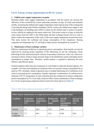 83
Energy savings opportunities in HVAC system
1. Chilled water supply temperature set-point
Resetting chiller water supply temperature in accordance with the season can increase the
efficiency of the overall HVAC system and create monetary savings. In cooler and moderate
months, increasing the chilled water supply temperature makes logical sense if the cooling load
is less than the design load. Within a building’s HVAC system, the chilled water supply is sent
to the building’s air handling units (AHUs), which use the chilled water to achieve set points
on how cold the air supplied to the space needs to be. The system works as a loop, so when the
water returns from the AHU to the chiller plant, the heat exchanger doesn’t have to work as
hard to reduce the temperature of the water, if the water supply temperature set point has risen.
This tactic lessens the workload and energy consumption of the compressor. Raising
evaporator set temperature by 1°C can help to reduce power consumption by around 3%
2. Maintenance of heat exchanger surfaces
Effective maintenance holds key to optimizing power consumption. Heat transfer can also be
improved by ensuring proper separation of the lubricating oil and the refrigerant, timely
defrosting of coils, and increasing the velocity of secondary coolant (air, water, etc.). However,
increased velocity results in larger pressure drops in the distribution system and higher power
consumption in pumps /fans. Therefore, careful analysis is required to determine the most
effective and efficient option.
Fouled condenser tubes force the compressor to work harder to attain the desired capacity. For
example, a 0.8 mm scale build-up on condenser tubes can increase energy consumption by as
much as 35%. Similarly, fouled evaporators due to residual lubricating oil or infiltration of air
result in increased power consumption. Equally important is maintenance of cooling towers;
reduction of 0.5°C temperature in water returning from the cooling tower reduces compressor
power consumption by 3%. Case study results on effect of poor maintenance of heat exchanger
on a 15-ton reciprocating compressor based system have been shown in Table 15.
Table 15: Effect of poor compressor maintenance in HVAC system
Effect of poor maintenance on compressor power consumption (case study)
Condition Evaporator
temperature
(°C)
Condenser
temperature
(°C)
Refrigeratio
n capacity
(tons)
Specific
power
consumption
(kW/ton)
Increase in
kW/ton
(%)
Normal 7.2 40.5 17.0 0.69 -
Fouled
condenser
7.2 46.1 15.6 0.84 20.4
 