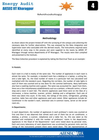 Energy Audit
AIESEC IIT Kharagpur
                                                                                                  4




                                          Methodology
      As shown above the project kicked off with the surveying of the campus and collecting the
      necessary data for further observations. This was analysed by the Data integration and
      Supervision team who concluded with the derived results. The Instruments required were
      identified at every step in the process and were supplied to the teams by AIESEC IIT
      Kharagpur through various departments of IIT Kharagpur. The results were then compiled
      and presented to the institute.

      The Data Collection procedure is explained by taking the Electrical Team as an example:



      In Hostels:


      Each room in a hall is mostly of the same size. The number of appliances in each room is
      almost the same. For example, a standard room has a desktop or a laptop, a ceiling fan,
      and a tube light. So, the total number of rooms in a particular hall was calculated and
      multiplied with the standard count. Regarding the corridors, the number of tube lights in
      each of them was counted and so was done for the common bathrooms. Many bathrooms
      also have a washing machine and a geyser. The same was accounted for. Apart from them,
      there are a few miscellaneous establishments such as a canteen, a Nescafe centre, a Xerox
      shop and a store in each hall. The electric appliances used there were on the likes of a
      microwave, a Xerox machine, scanner, printer, desktop and a refrigerator. Each one of
      them was taken into count. In the mess, the ratings of the ovens, refrigerators, grinding
      machine, table fans and other appliances used were noted. Other appliances include Air
      Conditioner in the warden’s room, television sets in common rooms, server at the server
      room etc.

      In Departments:

      In each department, the number of appliances in each professor’s rooms was counted at
      first and then it was observed that almost each one of them has an air conditioner, a
      desktop, a printer, a scanner, telephones and a table fan. So, this was taken as the
      standard and multiplied it with the number of professors’ rooms in the department.
      Appliances in the Head of the Departments’ room were noted down by personal visits.
      Each and every laboratory of each department was scrutinised by personal visits and the
      ratings of the instruments present there were noted down. The lab representatives of


       
 