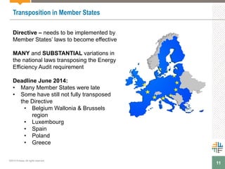 11
Transposition in Member States
Directive – needs to be implemented by
Member States’ laws to become effective
MANY and SUBSTANTIAL variations in
the national laws transposing the Energy
Efficiency Audit requirement
Deadline June 2014:
• Many Member States were late
• Some have still not fully transposed
the Directive
• Belgium Wallonia & Brussels
region
• Luxembourg
• Spain
• Poland
• Greece
©2015 Enhesa. All rights reserved.
 