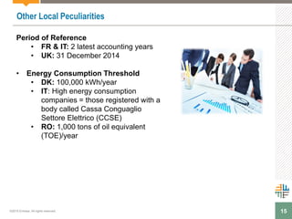 15
Other Local Peculiarities
Period of Reference
• FR & IT: 2 latest accounting years
• UK: 31 December 2014
• Energy Consumption Threshold
• DK: 100,000 kWh/year
• IT: High energy consumption
companies = those registered with a
body called Cassa Conguaglio
Settore Elettrico (CCSE)
• RO: 1,000 tons of oil equivalent
(TOE)/year
©2015 Enhesa. All rights reserved.
 