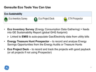 37
Gensuite Eco Tools You Can Use
• Eco Inventory Survey (Energy Consumption Data Gathering) > feeds
into GE Sustainability Report (global GHG footprint)
 Linked to EMIS to auto-populate Gas/Electricity data from utility bills
• Energy Treasure Hunt Prospector – to record and analyse Energy
Savings Opportunities from the Energy Audits or Treasure Hunts
• Eco Project Deck – to record and track the projects with good payback
(or all projects if not using Prospector)
 