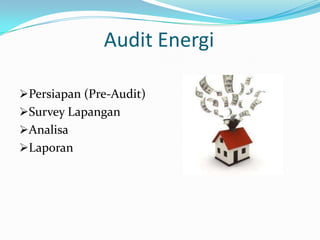 Audit Energi

Persiapan (Pre-Audit)
Survey Lapangan
Analisa
Laporan
 