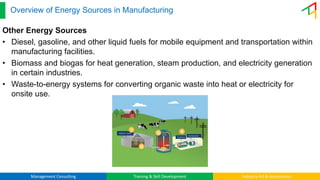 Management Consulting Training & Skill Development Industry 4.0 & Automation
Overview of Energy Sources in Manufacturing
Other Energy Sources
• Diesel, gasoline, and other liquid fuels for mobile equipment and transportation within
manufacturing facilities.
• Biomass and biogas for heat generation, steam production, and electricity generation
in certain industries.
• Waste-to-energy systems for converting organic waste into heat or electricity for
onsite use.
 