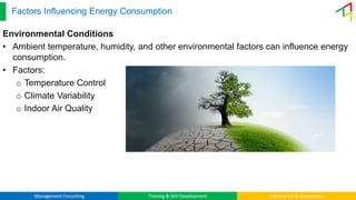 Management Consulting Training & Skill Development Industry 4.0 & Automation
Factors Influencing Energy Consumption
Environmental Conditions
• Ambient temperature, humidity, and other environmental factors can influence energy
consumption.
• Factors:
o Temperature Control
o Climate Variability
o Indoor Air Quality
 
