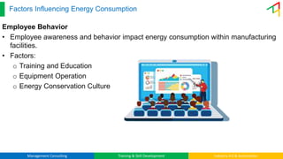 Management Consulting Training & Skill Development Industry 4.0 & Automation
Factors Influencing Energy Consumption
Employee Behavior
• Employee awareness and behavior impact energy consumption within manufacturing
facilities.
• Factors:
o Training and Education
o Equipment Operation
o Energy Conservation Culture
 