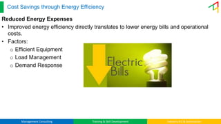 Management Consulting Training & Skill Development Industry 4.0 & Automation
Cost Savings through Energy Efficiency
Reduced Energy Expenses
• Improved energy efficiency directly translates to lower energy bills and operational
costs.
• Factors:
o Efficient Equipment
o Load Management
o Demand Response
 