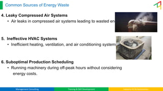Management Consulting Training & Skill Development Industry 4.0 & Automation
Common Sources of Energy Waste
4. Leaky Compressed Air Systems
• Air leaks in compressed air systems leading to wasted energy.
5. Ineffective HVAC Systems
• Inefficient heating, ventilation, and air conditioning systems.
6. Suboptimal Production Scheduling
• Running machinery during off-peak hours without considering
energy costs.
 