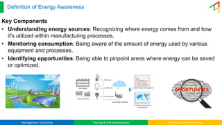 Management Consulting Training & Skill Development Industry 4.0 & Automation
Definition of Energy Awareness
Key Components
• Understanding energy sources: Recognizing where energy comes from and how
it's utilized within manufacturing processes.
• Monitoring consumption: Being aware of the amount of energy used by various
equipment and processes.
• Identifying opportunities: Being able to pinpoint areas where energy can be saved
or optimized.
 