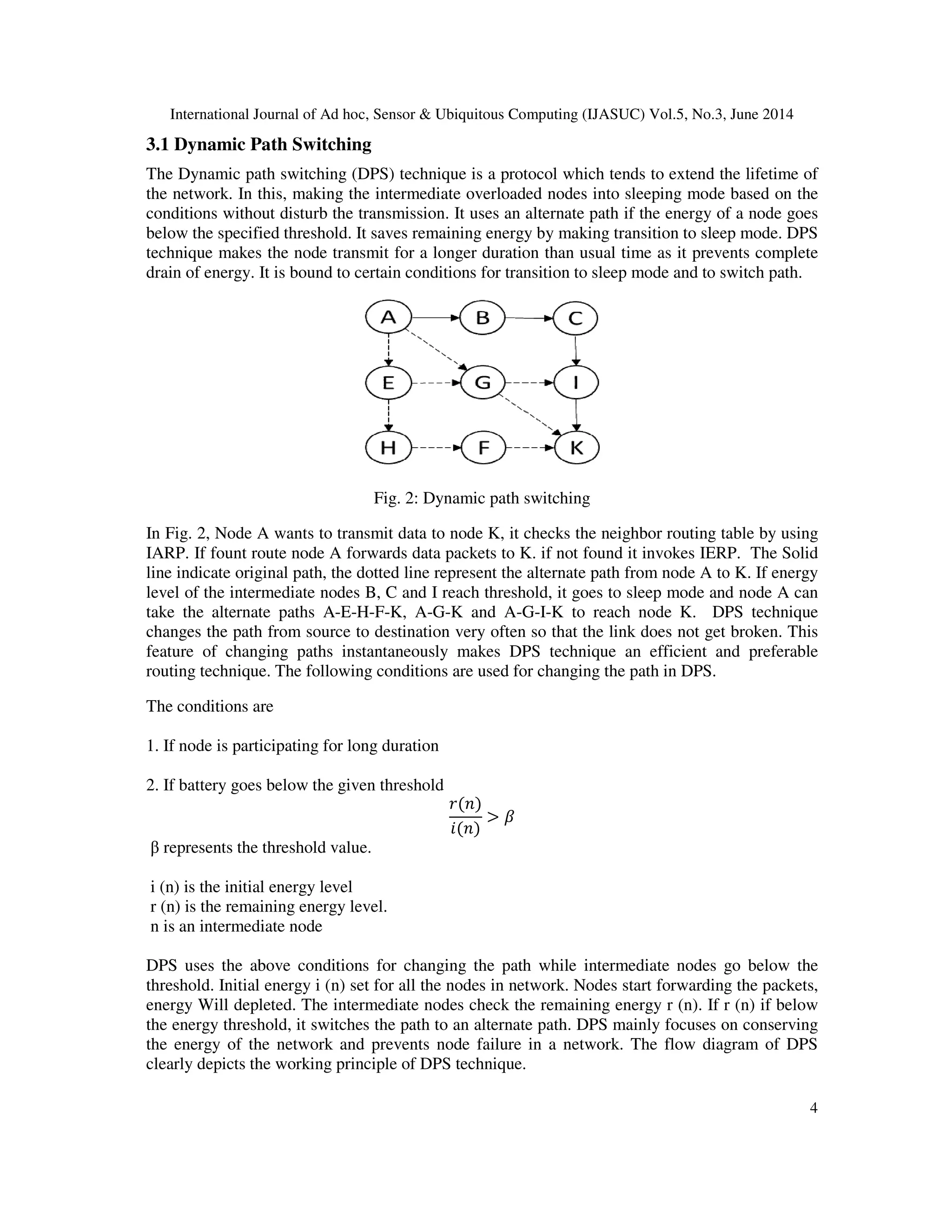 International Journal of Ad hoc, Sensor & Ubiquitous Computing (IJASUC) Vol.5, No.3, June 2014
3.1 Dynamic Path Switching
The Dynamic path switching (DPS)
the network. In this, making the
conditions without disturb the transmission
below the specified threshold. It saves
technique makes the node transmi
drain of energy. It is bound to certain condition
In Fig. 2, Node A wants to transmit data to node
IARP. If fount route node A forwards data packets to K. if not found it invokes IERP.
line indicate original path, the dotted line represent the alternat
level of the intermediate nodes B,
take the alternate paths A-E-H
changes the path from source to destination very often so that the link
feature of changing paths instant
routing technique. The following conditions are used for changing the path in DPS.
The conditions are
1. If node is participating for long duration
2. If battery goes below the given threshold
β represents the threshold value.
i (n) is the initial energy level
r (n) is the remaining energy level.
n is an intermediate node
DPS uses the above conditions for changing the path while intermediate nodes go below the
threshold. Initial energy i (n) set for all the nodes in network. Nodes start forwarding the packets,
energy Will depleted. The intermediate nodes check the remaining
the energy threshold, it switches the path to an alternate path. DPS mainly focuses on conserving
the energy of the network and prevents node failure in a network. The flow diagram of DPS
clearly depicts the working princip
International Journal of Ad hoc, Sensor & Ubiquitous Computing (IJASUC) Vol.5, No.3, June 2014
Dynamic Path Switching
(DPS) technique is a protocol which tends to extend the lifetime of
. In this, making the intermediate overloaded nodes into sleeping mode based on the
conditions without disturb the transmission. It uses an alternate path if the energy of a node goes
It saves remaining energy by making transition to sleep mode
technique makes the node transmit for a longer duration than usual time as it prevents complete
It is bound to certain conditions for transition to sleep mode and to switch
Fig. 2: Dynamic path switching
transmit data to node K, it checks the neighbor routing table by using
IARP. If fount route node A forwards data packets to K. if not found it invokes IERP.
otted line represent the alternate path from node A to K. If
B, C and I reach threshold, it goes to sleep mode and node A
H-F-K, A-G-K and A-G-I-K to reach node K. DPS technique
changes the path from source to destination very often so that the link does not get
feature of changing paths instantaneously makes DPS technique an efficient and preferable
The following conditions are used for changing the path in DPS.
for long duration
2. If battery goes below the given threshold
‫ݎ‬ሺ݊ሻ
݅ሺ݊ሻ
൐ ߚ
.
level.
DPS uses the above conditions for changing the path while intermediate nodes go below the
threshold. Initial energy i (n) set for all the nodes in network. Nodes start forwarding the packets,
energy Will depleted. The intermediate nodes check the remaining energy r (n). If r (n) if below
the energy threshold, it switches the path to an alternate path. DPS mainly focuses on conserving
the energy of the network and prevents node failure in a network. The flow diagram of DPS
clearly depicts the working principle of DPS technique.
International Journal of Ad hoc, Sensor & Ubiquitous Computing (IJASUC) Vol.5, No.3, June 2014
4
to extend the lifetime of
sleeping mode based on the
of a node goes
by making transition to sleep mode. DPS
t for a longer duration than usual time as it prevents complete
tion to sleep mode and to switch path.
it checks the neighbor routing table by using
IARP. If fount route node A forwards data packets to K. if not found it invokes IERP. The Solid
A to K. If energy
it goes to sleep mode and node A can
DPS technique
does not get broken. This
efficient and preferable
DPS uses the above conditions for changing the path while intermediate nodes go below the
threshold. Initial energy i (n) set for all the nodes in network. Nodes start forwarding the packets,
energy r (n). If r (n) if below
the energy threshold, it switches the path to an alternate path. DPS mainly focuses on conserving
the energy of the network and prevents node failure in a network. The flow diagram of DPS
 