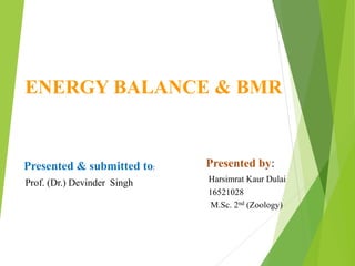 ENERGY BALANCE & BMR
Presented & submitted to:
Prof. (Dr.) Devinder Singh
Presented by:
Harsimrat Kaur Dulai
16521028
M.Sc. 2nd (Zoology)
 