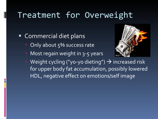 Treatment for Overweight Commercial diet plans Only about 5% success rate Most regain weight in 3-5 years Weight cycling (“yo-yo dieting”)    increased risk for upper body fat accumulation, possibly lowered HDL, negative effect on emotions/self image 