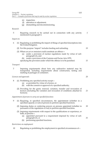 Energy Bill                                                                         115
Schedule 6 — Nuclear regulations
Part 2 — Examples of provision that may be made by nuclear regulations

               (e)    inspection;
                (f)   alteration or adjustment;
               (g)    dismantling and decommissioning.

Research

 5           Requiring research to be carried out in connection with any activity          5
             mentioned in paragraph 4.

Import etc

 6     (1) Regulating or prohibiting the import of things of specified descriptions into
           the United Kingdom.
       (2) For this purpose “import” includes landing and unloading.                       10
       (3) Where an act or omission could constitute an offence—
             (a) under a provision of nuclear regulations made by virtue of sub-
                  paragraph (1), and
             (b) under a provision of the Customs and Excise Acts 1979,
           specifying the provision under which the offence is to be punished.             15

Transport

 7           Imposing requirements about how any radioactive material may be
             transported, including requirements about construction, testing and
             marking of packages or containers.

Licences and approvals                                                                     20

 8     (1) Prohibiting any specified activity except—
             (a) as permitted by virtue of a licence, or
             (b) with the consent or approval of a specified authority.
       (2) Providing for the grant, renewal, variation, transfer and revocation of
           licences (including the variation and revocation of conditions attached to      25
           licences).

Appointment of persons to carry out specified functions

 9     (1) Requiring, in specified circumstances, the appointment (whether in a
           specified capacity or not) of persons to perform specified functions.
       (2) Imposing duties or conferring powers on persons appointed (whether in           30
           pursuance of the regulations or not) to perform specified functions.
       (3) Imposing requirements with respect to the qualifications or experience, or
           both, of persons—
             (a) appointed pursuant to a requirement imposed by virtue of sub-
                   paragraph (1), or                                                       35
             (b) performing specified functions.

Restrictions on employment

 10          Regulating or prohibiting the employment in specified circumstances of—
 