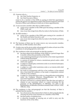 118                                                                                    Energy Bill
                                                    Schedule 7 — The Office for Nuclear Regulation

      (2) A person who is—
            (a) the Chief Nuclear Inspector, or
            (b) the Chief Executive Officer,
          ceases to be a member of the ONR on ceasing to hold that appointment
          (unless the person was appointed as both Chief Nuclear Inspector and Chief                 5
          Executive Officer and continues to hold one of those appointments).
      (3) A non-executive member other than an HSE member—
            (a) ceases to be a member of the ONR upon becoming a member of the
                ONR’s staff, and
            (b) may at any time resign from office by notice to the Secretary of State.              10
      (4) An HSE member—
           (a) ceases to be a member of the ONR upon ceasing to be a member of
                the Health and Safety Executive, and
           (b) may at any time resign from office by notice to the Health and Safety
                Executive.                                                                           15
 10   (1) The Secretary of State may by notice remove any non-executive member,
          other than an HSE member, from office.
      (2) A notice may not be given under sub-paragraph (1) unless at least one of the
          conditions in sub-paragraph (3) or (4) is met.
      (3) The conditions in this sub-paragraph are that the member—                                  20
            (a) has been absent from meetings of the ONR for a period longer than
                 6 months without the permission of the ONR;
            (b) is an undischarged bankrupt or has had his or her estate sequestrated
                 without being discharged;
             (c) is a person in relation to whom a moratorium period under a debt                    25
                 relief order applies;
            (d) is subject to a bankruptcy restrictions order or an interim bankruptcy
                 restrictions order;
            (e) is subject to a debt relief restrictions order or an interim debt relief
                 restrictions order;                                                                 30
             (f) has made an arrangement with his or her creditors, or has entered
                 into a trust deed for creditors, or has made a composition contract
                 with his or her creditors;
            (g) is subject to a disqualification order or a disqualification undertaking
                 under the Company Directors Disqualification Act 1986 or                            35
                 equivalent legislation in Northern Ireland;
            (h) has been convicted of a criminal offence (but this does not apply in
                 relation to any conviction which is a spent conviction for the
                 purposes of the Rehabilitation of Offenders Act 1974 or the
                 Rehabilitation of Offenders (Northern Ireland) Order 1978 (S.I. 1978/               40
                 1908 (N.I. 27))).
      (4) The conditions in this sub-paragraph are that the Secretary of State is
          satisfied that the member—
            (a) has a financial or other interest that is likely to affect prejudicially the
                  carrying out of his or her functions as a member of the ONR;                       45
            (b) has been guilty of misbehaviour;
            (c) is otherwise incapable of carrying out, or unfit to carry out, the
                  functions of his or her office.
 