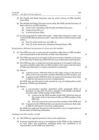 Energy Bill                                                                          119
Schedule 7 — The Office for Nuclear Regulation

       (5) The Health and Safety Executive may by notice remove an HSE member
           from office.
       (6) The Health and Safety Executive must notify the ONR and the Secretary of
           State whenever an HSE member—
             (a) ceases to be a member of the Health and Safety Executive,                  5
             (b) resigns from office, or
             (c) is removed from office.
       (7) In sub-paragraph (3) “debt relief order”, “debt relief restrictions order” and
           “interim debt relief restrictions order” mean the orders of those names made
           under—                                                                           10
             (a) Part 7A of the Insolvency Act 1986, or
             (b) Part 7A of the Insolvency (Northern Ireland) Order 1989.

Remuneration, allowances and pensions etc of non-executive members

 11    (1) The ONR may pay to non-executive members other than an HSE member
           such remuneration as the Secretary of State may determine.                       15
       (2) The ONR may pay to or in respect of the non-executive members such sums
           as the Secretary of State may determine by way of allowances and expenses.
       (3) The ONR may pay, or make provision for paying, to or in respect of the non-
           executive members other than an HSE member, such sums as the Secretary
           of State may determine in respect of pensions or gratuities.                     20
       (4) Where—
             (a) a person ceases, otherwise than on the expiry of his or her term of
                  office, to be a non-executive member other than an HSE member, and
             (b) it appears to the ONR that there are special circumstances that make
                  it right for that person to receive compensation,                         25
           the ONR may pay the person such amount by way of compensation as the
           Secretary of State may determine.
       (5) Where—
             (a) a non-executive member appointed under paragraph 2(3A) of
                  Schedule 2 to the 1974 Act to be a member of the Health and Safety        30
                  Executive (the “ONR member of the HSE”)—
                      (i) ceases to be the ONR member of the HSE otherwise than on
                           the expiry of his or her term of office as ONR member of the
                           HSE, but
                     (ii) does not cease to be a non-executive member of the ONR, and       35
             (b) it appears to the ONR that there are special circumstances that make
                  it right for that person to receive compensation,
           the ONR may make pay the person such amount by way of compensation as
           the Secretary of State may determine.

Employees and other members of staff                                                        40

 12    (1) The ONR may appoint persons to serve as its employees.
       (2) A person appointed to serve as an employee of the ONR is to be employed
           on such terms and conditions, including terms and conditions as to
           remuneration, as the ONR may determine.
 