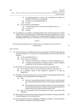 130                                                                                                  Energy Bill
                                                                                         Schedule 8 — Inspectors
     Part 2 — Powers exercisable by inspectors authorised by instrument of appointment: improvement notices and
                                                                                              prohibition notices

                           (i)to imprisonment for a term not exceeding 12 months (in
                              England and Wales and Scotland),
                         (ii) to a fine not exceeding £20,000, or
                        (iii) to both;
                 (b)   on conviction on indictment—                                                                 5
                          (i) to imprisonment for a term not exceeding 2 years, or
                         (ii) to a fine, or
                        (iii) to both.
         (3) In relation to an offence committed before the commencement of section
             154(1) of the Criminal Justice Act 2003 (general limit on magistrates’ court’s                         10
             powers to imprison), the reference in sub-paragraph (2)(a)(i), as it has effect
             in England and Wales, to 12 months is to be read as a reference to 6 months.

                                                    PART 3

        OTHER POWERS EXERCISABLE BY INSPECTOR IF AUTHORISED BY INSTRUMENT OF
                                                APPOINTMENT                                                         15

Power of entry

 8       (1) An inspector may, if authorised, enter any premises which the inspector has
             reason to believe it is necessary for the inspector to enter for the relevant
             purpose—
               (a) at any reasonable time, or                                                                       20
               (b) at any time, in a situation—
                       (i) which in the inspector’s opinion is or may be dangerous, or
                      (ii) in which, in the inspector’s opinion, delay would or might be
                            prejudicial to the nuclear security purposes.
         (2) In relation to domestic premises, the power may be exercised only—                                     25
               (a) in accordance with a warrant issued by a justice of the peace, or
               (b) in a situation which in the inspector’s opinion is or may be
                     dangerous.
         (3) A justice of the peace may issue a warrant under sub-paragraph (2)(a) only
             if satisfied, on the application of the inspector,—                                                    30
                (a) that—
                         (i) there are reasonable grounds to believe that a contravention
                              of a relevant statutory provision is occurring on the premises,
                              or
                        (ii) the inspector has been refused consent to enter the premises                           35
                              for the relevant purpose or there are reasonable grounds to
                              believe that such consent will be refused, and
                (b) that it is reasonable in the circumstances to issue a warrant to the
                      inspector.
         (4) The reference to premises in sub-paragraph (1) includes any ship outside the                           40
             United Kingdom or its territorial sea.
         (5) For the purposes of this paragraph, “domestic premises” means premises
             used wholly or mainly as a private dwelling.
 