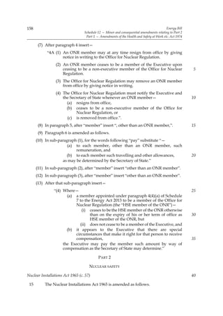 158                                                                                       Energy Bill
                                  Schedule 12 — Minor and consequential amendments relating to Part 2
                                   Part 1 — Amendments of the Health and Safety at Work etc. Act 1974

       (7) After paragraph 4 insert—
            “4A (1) An ONR member may at any time resign from office by giving
                    notice in writing to the Office for Nuclear Regulation.
                 (2) An ONR member ceases to be a member of the Executive upon
                     ceasing to be a non-executive member of the Office for Nuclear                     5
                     Regulation.
                 (3) The Office for Nuclear Regulation may remove an ONR member
                     from office by giving notice in writing.
                 (4) The Office for Nuclear Regulation must notify the Executive and
                     the Secretary of State whenever an ONR member—                                     10
                       (a) resigns from office,
                       (b) ceases to be a non-executive member of the Office for
                            Nuclear Regulation, or
                       (c) is removed from office.”.
       (8) In paragraph 5, after “member” insert “, other than an ONR member,”.                         15
       (9) Paragraph 6 is amended as follows.
      (10) In sub-paragraph (1), for the words following “pay” substitute “—
                       (a) to each member, other than an ONR member, such
                           remuneration, and
                      (b) to each member such travelling and other allowances,                          20
                    as may be determined by the Secretary of State.”
      (11) In sub-paragraph (2), after “member” insert “other than an ONR member”.
      (12) In sub-paragraph (3), after “member” insert “other than an ONR member”.
      (13) After that sub-paragraph insert—
                “(4) Where—                                                                             25
                       (a) a member appointed under paragraph 4(4)(a) of Schedule
                            7 to the Energy Act 2013 to be a member of the Office for
                            Nuclear Regulation (the “HSE member of the ONR”)—
                                (i) ceases to be the HSE member of the ONR otherwise
                                    than on the expiry of his or her term of office as                  30
                                    HSE member of the ONR, but
                               (ii) does not cease to be a member of the Executive, and
                       (b) it appears to the Executive that there are special
                            circumstances that make it right for that person to receive
                            compensation,                                                               35
                     the Executive may pay the member such amount by way of
                     compensation as the Secretary of State may determine.”

                                           PART 2

                                     NUCLEAR SAFETY

Nuclear Installations Act 1965 (c. 57)                                                                  40

 15       The Nuclear Installations Act 1965 is amended as follows.
 