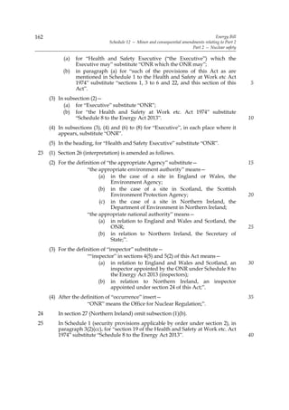 162                                                                                    Energy Bill
                                Schedule 12 — Minor and consequential amendments relating to Part 2
                                                                           Part 2 — Nuclear safety

            (a)   for “Health and Safety Executive (“the Executive”) which the
                  Executive may” substitute “ONR which the ONR may”;
            (b)   in paragraph (a) for “such of the provisions of this Act as are
                  mentioned in Schedule 1 to the Health and Safety at Work etc Act
                  1974” substitute “sections 1, 3 to 6 and 22, and this section of this               5
                  Act”.
      (3) In subsection (2)—
            (a) for “Executive” substitute “ONR”;
            (b) for “the Health and Safety at Work etc. Act 1974” substitute
                 “Schedule 8 to the Energy Act 2013”.                                                 10
      (4) In subsections (3), (4) and (6) to (8) for “Executive”, in each place where it
          appears, substitute “ONR”.
      (5) In the heading, for “Health and Safety Executive” substitute “ONR”.
 23   (1) Section 26 (interpretation) is amended as follows.
      (2) For the definition of “the appropriate Agency” substitute—                                  15
                       “the appropriate environment authority” means—
                            (a) in the case of a site in England or Wales, the
                                  Environment Agency;
                            (b) in the case of a site in Scotland, the Scottish
                                  Environment Protection Agency;                                      20
                            (c) in the case of a site in Northern Ireland, the
                                  Department of Environment in Northern Ireland;
                       “the appropriate national authority” means—
                            (a) in relation to England and Wales and Scotland, the
                                  ONR;                                                                25
                            (b) in relation to Northern Ireland, the Secretary of
                                  State;”.
      (3) For the definition of “inspector” substitute—
                       ““inspector” in sections 4(5) and 5(2) of this Act means—
                            (a) in relation to England and Wales and Scotland, an                     30
                                  inspector appointed by the ONR under Schedule 8 to
                                  the Energy Act 2013 (inspectors);
                            (b) in relation to Northern Ireland, an inspector
                                  appointed under section 24 of this Act;”.
      (4) After the definition of “occurrence” insert—                                                35
                       “ONR” means the Office for Nuclear Regulation;”.
 24       In section 27 (Northern Ireland) omit subsection (1)(b).
 25       In Schedule 1 (security provisions applicable by order under section 2), in
          paragraph 3(2)(cc), for “section 19 of the Health and Safety at Work etc. Act
          1974” substitute “Schedule 8 to the Energy Act 2013”.                                       40
 