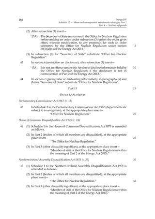 166                                                                                     Energy Bill
                                 Schedule 12 — Minor and consequential amendments relating to Part 2
                                                                        Part 4 — Nuclear safeguards

      (2) After subsection (3) insert—
         “(3A)    The Secretary of State must consult the Office for Nuclear Regulation
                  before making an order under subsection (3) unless the order gives
                  effect, without modification, to any proposals for such an order
                  submitted by the Office for Nuclear Regulation under section                         5
                  60(1)(a)(v) of the Energy Act 2013.”
      (3) In subsection (6) for “Secretary of State” substitute “Office for Nuclear
          Regulation”.
 43       In section 6 (restriction on disclosure), after subsection (3) insert—
         “(3A)    It is not an offence under this section to disclose information held by              10
                  the Office for Nuclear Regulation if the disclosure is not in
                  contravention of Part 2 of the Energy Act 2013.”.
 44       In section 7 (giving false or misleading information), in paragraphs (a) and
          (b) for “Secretary of State” substitute “Office for Nuclear Regulation”.

                                          PART 5                                                       15

                                  OTHER ENACTMENTS

Parliamentary Commissioner Act 1967 (c. 13)

 45       In Schedule 2 to the Parliamentary Commissioner Act 1967 (departments etc
          subject to investigation), at the appropriate place insert—
                         “Office for Nuclear Regulation.”                                              20

House of Commons Disqualification Act 1975 (c. 24)

 46   (1) Schedule 1 to the House of Commons Disqualification Act 1975 is amended
          as follows.
      (2) In Part 2 (bodies of which all members are disqualified), at the appropriate
          place insert—                                                                                25
                         “The Office for Nuclear Regulation.”
      (3) In Part 3 (other disqualifying offices), at the appropriate place insert—
                          “Member of staff of the Office for Nuclear Regulation (within
                          the meaning of Part 2 of the Energy Act 2013).”

Northern Ireland Assembly Disqualification Act 1975 (c. 25)                                            30

 47   (1) Schedule 1 to the Northern Ireland Assembly Disqualification Act 1975 is
          amended as follows.
      (2) In Part 2 (bodies of which all members are disqualified), at the appropriate
          place insert—
                         “The Office for Nuclear Regulation.”                                          35
      (3) In Part 3 (other disqualifying offices), at the appropriate place insert—
                          “Member of staff of the Office for Nuclear Regulation (within
                          the meaning of Part 2 of the Energy Act 2013).”
 