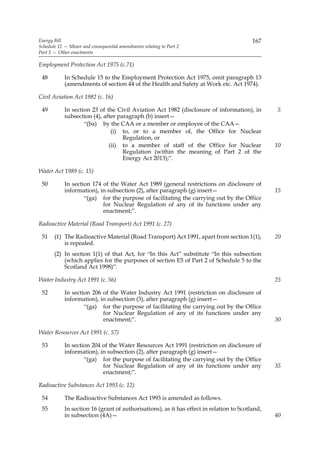 Energy Bill                                                                               167
Schedule 12 — Minor and consequential amendments relating to Part 2
Part 5 — Other enactments

Employment Protection Act 1975 (c.71)

 48         In Schedule 15 to the Employment Protection Act 1975, omit paragraph 13
            (amendments of section 44 of the Health and Safety at Work etc. Act 1974).

Civil Aviation Act 1982 (c. 16)

 49         In section 23 of the Civil Aviation Act 1982 (disclosure of information), in         5
            subsection (4), after paragraph (b) insert—
                    “(ba) by the CAA or a member or employee of the CAA—
                               (i) to, or to a member of, the Office for Nuclear
                                    Regulation, or
                              (ii) to a member of staff of the Office for Nuclear                10
                                    Regulation (within the meaning of Part 2 of the
                                    Energy Act 2013);”.

Water Act 1989 (c. 15)

 50         In section 174 of the Water Act 1989 (general restrictions on disclosure of
            information), in subsection (2), after paragraph (g) insert—                         15
                    “(ga) for the purpose of facilitating the carrying out by the Office
                           for Nuclear Regulation of any of its functions under any
                           enactment;”.

Radioactive Material (Road Transport) Act 1991 (c. 27)

 51    (1) The Radioactive Material (Road Transport) Act 1991, apart from section 1(1),          20
           is repealed.
       (2) In section 1(1) of that Act, for “In this Act” substitute “In this subsection
           (which applies for the purposes of section E5 of Part 2 of Schedule 5 to the
           Scotland Act 1998)”.

Water Industry Act 1991 (c. 56)                                                                  25

 52         In section 206 of the Water Industry Act 1991 (restriction on disclosure of
            information), in subsection (3), after paragraph (g) insert—
                    “(ga) for the purpose of facilitating the carrying out by the Office
                           for Nuclear Regulation of any of its functions under any
                           enactment;”.                                                          30

Water Resources Act 1991 (c. 57)

 53         In section 204 of the Water Resources Act 1991 (restriction on disclosure of
            information), in subsection (2), after paragraph (g) insert—
                    “(ga) for the purpose of facilitating the carrying out by the Office
                           for Nuclear Regulation of any of its functions under any              35
                           enactment;”.

Radioactive Substances Act 1993 (c. 12)

 54         The Radioactive Substances Act 1993 is amended as follows.
 55         In section 16 (grant of authorisations), as it has effect in relation to Scotland,
            in subsection (4A)—                                                                  40
 
