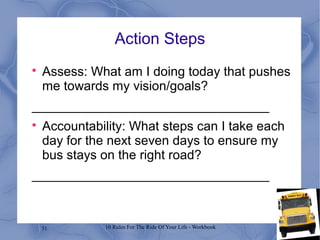 31 10 Rules For The Ride Of Your Life - Workbook
Action Steps

Assess: What am I doing today that pushes
me towards my vision/goals?
_________________________________

Accountability: What steps can I take each
day for the next seven days to ensure my
bus stays on the right road?
_________________________________
 