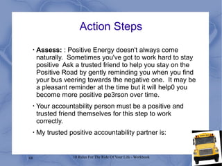 68 10 Rules For The Ride Of Your Life - Workbook
Action Steps
•
Assess: : Positive Energy doesn't always come
naturally. Sometimes you've got to work hard to stay
positive Ask a trusted friend to help you stay on the
Positive Road by gently reminding you when you find
your bus veering towards the negative one. It may be
a pleasant reminder at the time but it will help0 you
become more positive pe3rson over time.
•
Your accountability person must be a positive and
trusted friend themselves for this step to work
correctly.
•
My trusted positive accountability partner is:
 