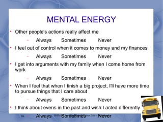 86 10 Rules For The Ride Of Your Life - Workbook
MENTAL ENERGY

Other people's actions really affect me
− Always Sometimes Never

I feel out of control when it comes to money and my finances
− Always Sometimes Never

I get into arguments with my family when I come home from
work
− Always Sometimes Never

When I feel that when I finish a big project, I'll have more time
to pursue things that I care about
− Always Sometimes Never

I think about evens in the past and wish I acted differently
− Always Sometimes Never
 